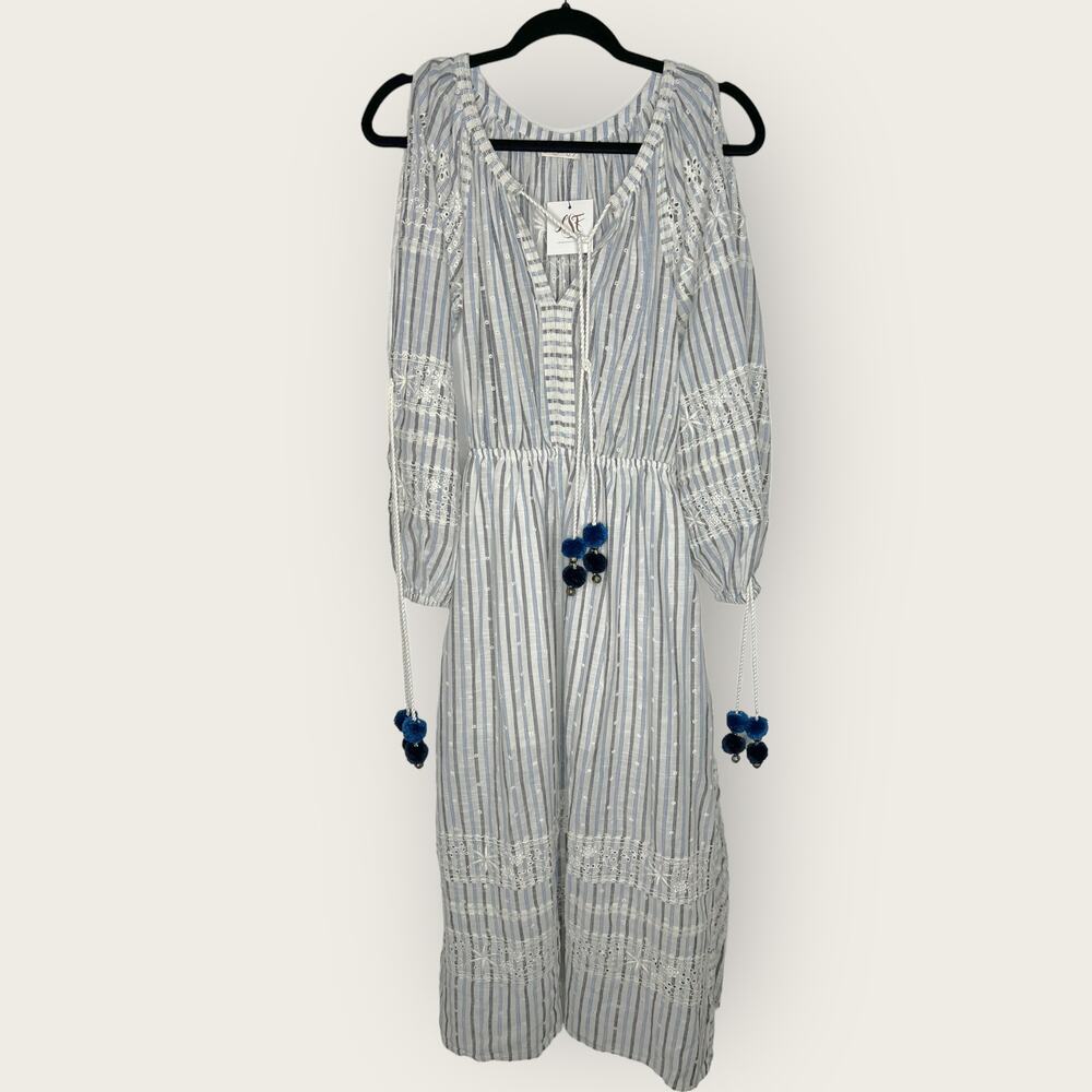 LoveShackFancy Isla Maxi Dress XS Blue Ivory Striped Boho Coastal Grannycore